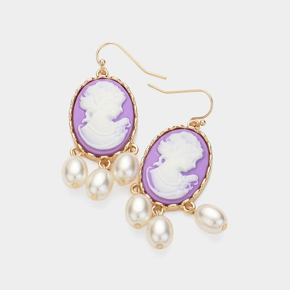 Madeline Love Lavender Triple Pearl Embellished Cameo Dangle Earrings