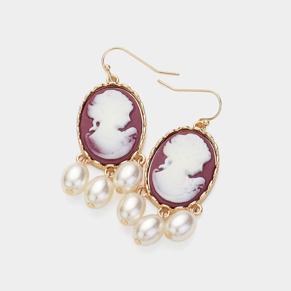 Madeline Love Neutral Triple Pearl Embellished Cameo Dangle Earrings