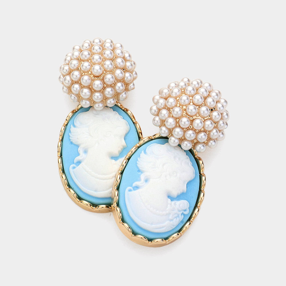 Madeline Love Light Blue Pearl Cameo Dangle Earrings