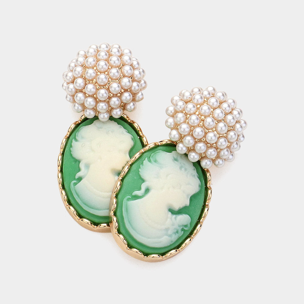 Madeline Love Green Pearl Cameo Dangle Earrings