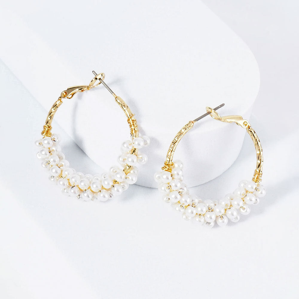 Madeline Love Gold Gold Plated Hypoallergenic Pearl Cluster Beaded Hoop Earrings