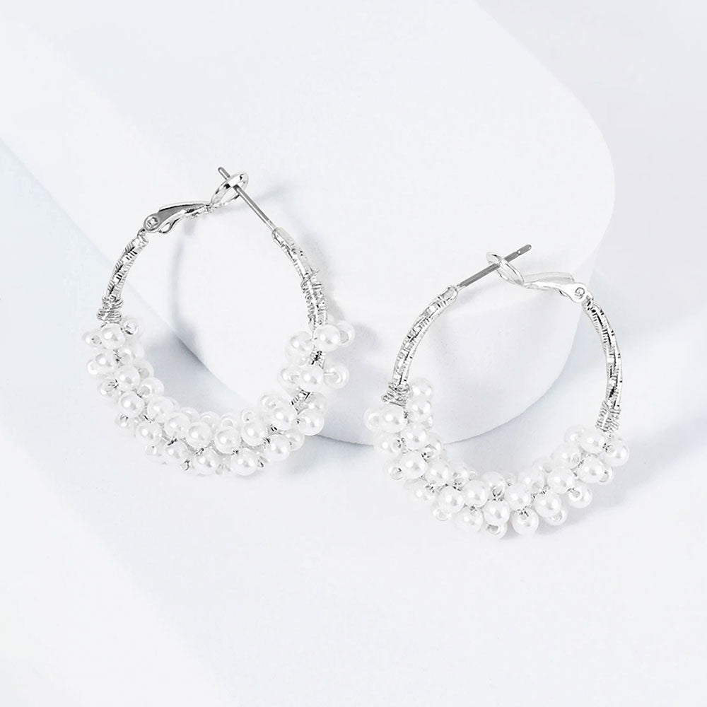 Madeline Love Rhodium Rhodium Plated Hypoallergenic Pearl Cluster Beaded Hoop Earrings