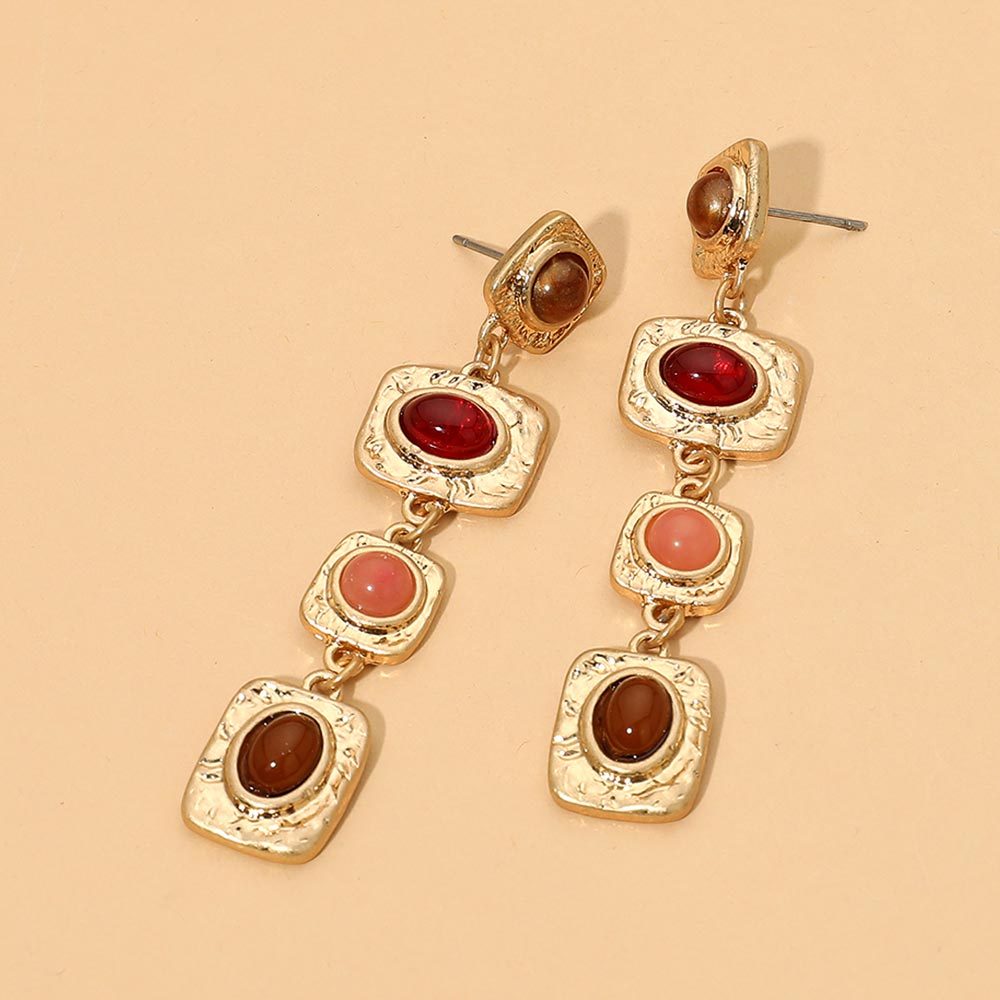 Madeline Love Burgundy, Worn Gold Geometric Cabochon Frame Link Drop Statement Earrings