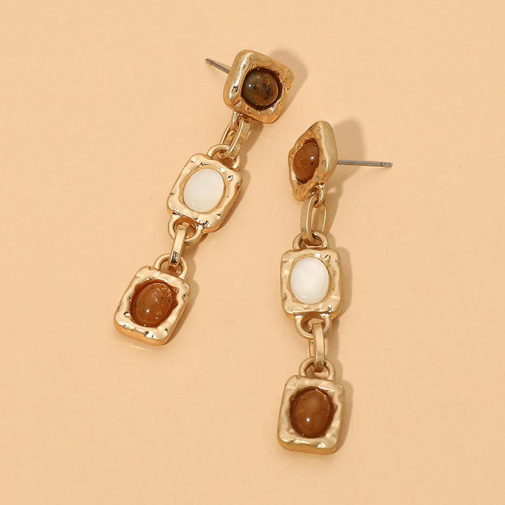 Madeline Love Mother of Pearl, Worn Gold Organic Geometric Resin Cabochon Frame Link Drop Statement Earrings
