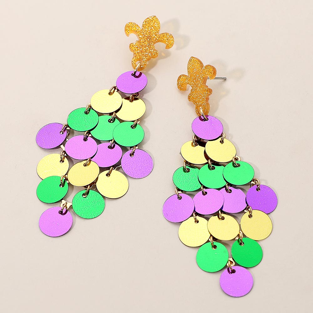 Gold, Multi Fleur de Lis Accent Mardi Gras Sequin Chandelier Statement Earrings
