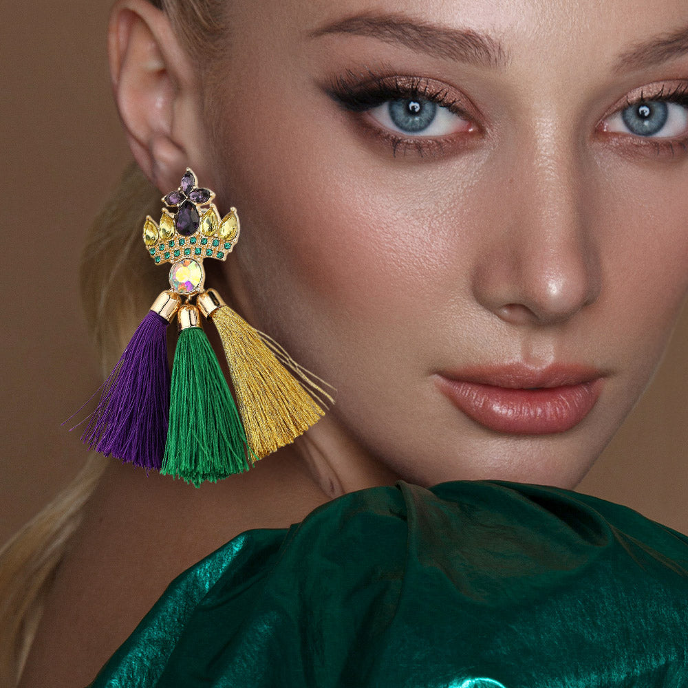 Gold Mardi Gras Tassel Dangle Earrings