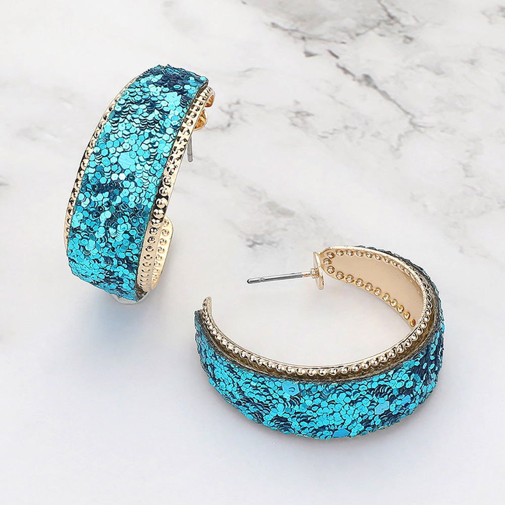 Madeline Love Light Blue Glittered Hoop Earrings