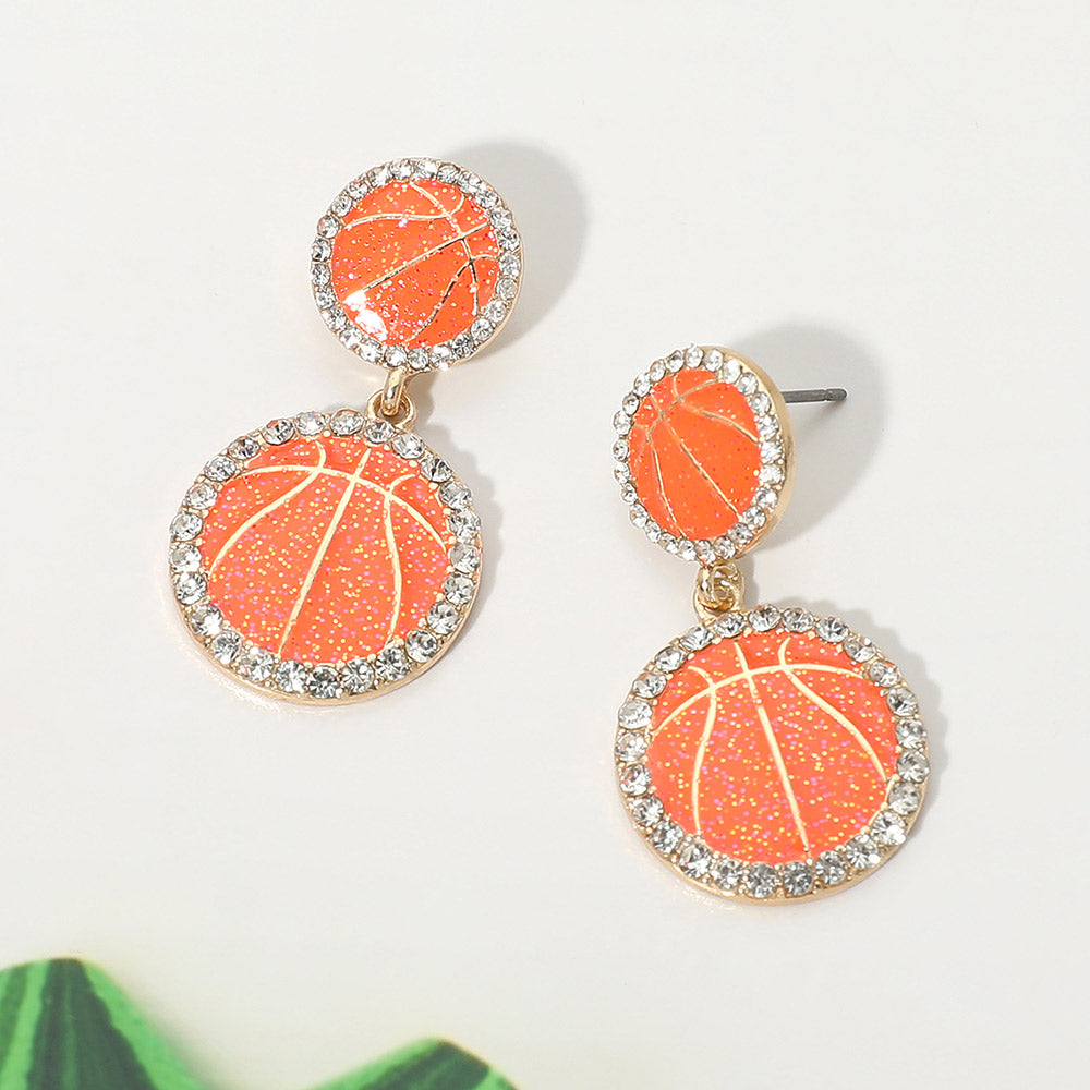 Madeline Love Gold, Orange Rhinestone Rim Double Glitter Basketball Link Drop Earrings