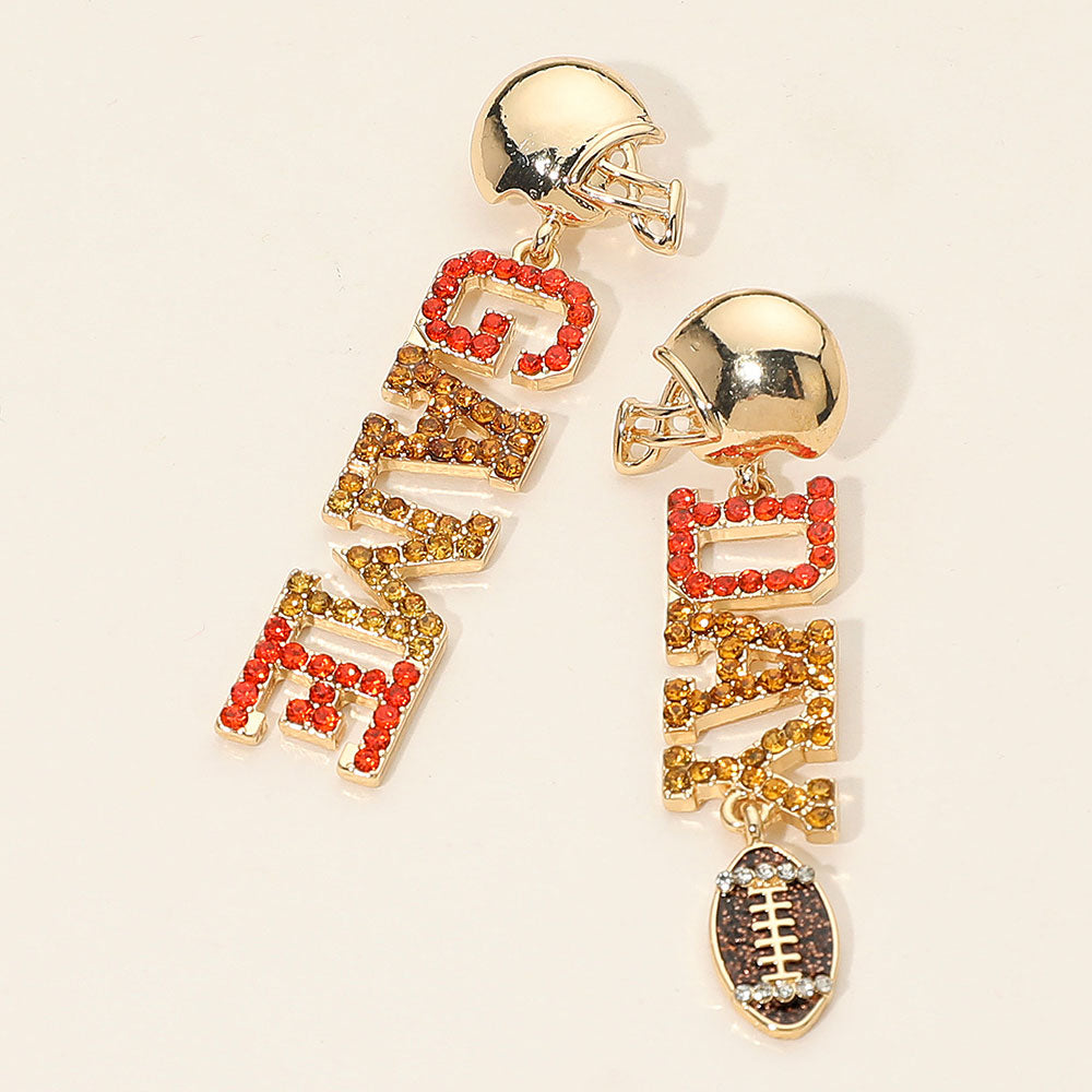 Madeline Love Brown, Gold Rhinestone Paved GAME DAY Football Helmet Drop Dangle Earrings