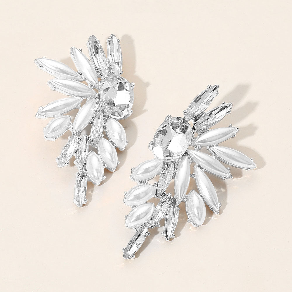 Madeline Love Rhodium Marquise Pearl Stone Cluster Embellished Wing Fan Earrings
