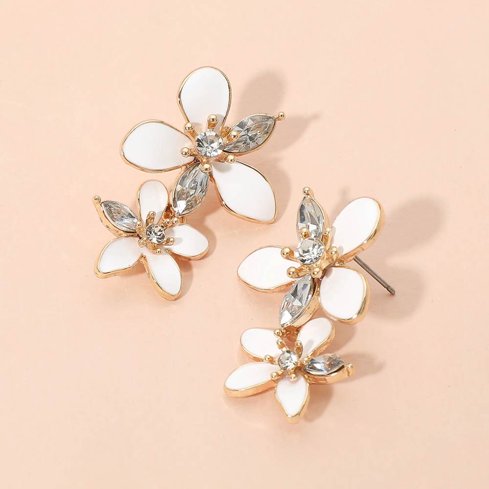Madeline Love Gold, White Stone Accent Enamel Double Flower Link Drop Earrings