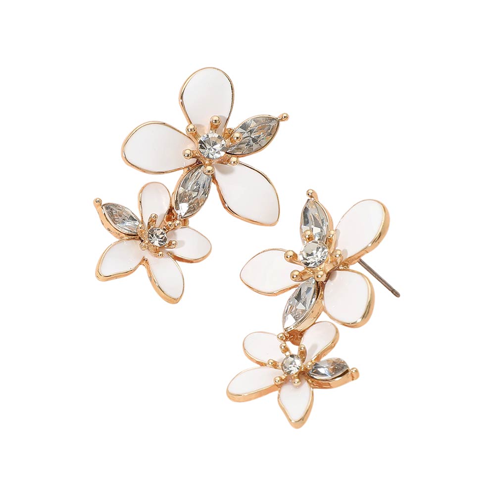 Madeline Love Gold, White Stone Accent Enamel Double Flower Link Drop Earrings - desc