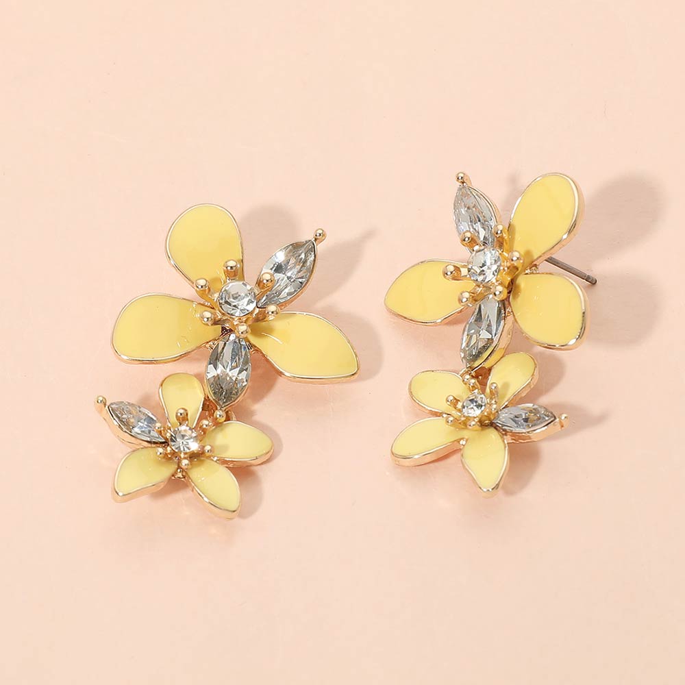 Madeline Love Gold, Yellow Stone Accent Enamel Double Flower Link Drop Earrings