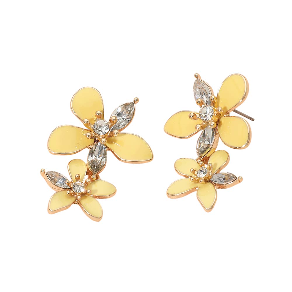 Madeline Love Gold, Yellow Stone Accent Enamel Double Flower Link Drop Earrings - desc