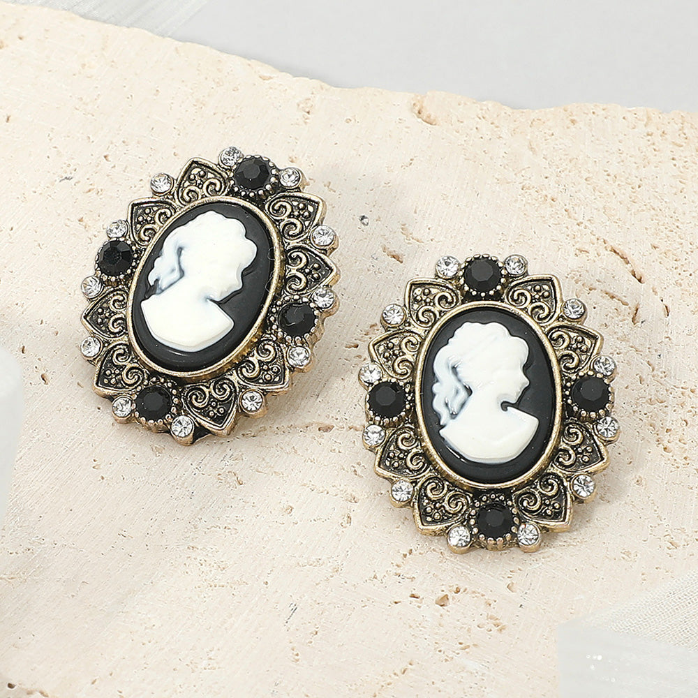 Madeline Love Black Vintage Cameo Oval Earrings