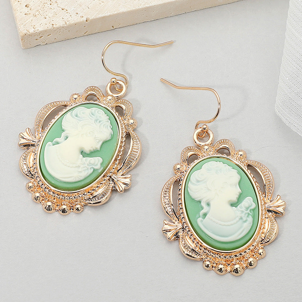 Madeline Love Green, Light Bold Vintage Cameo Drop Dangle Earrings