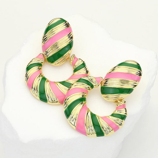 Madeline Love Gold, Pink&Green 14K gold Dipped Enamel Bold Striped Drop Earrings