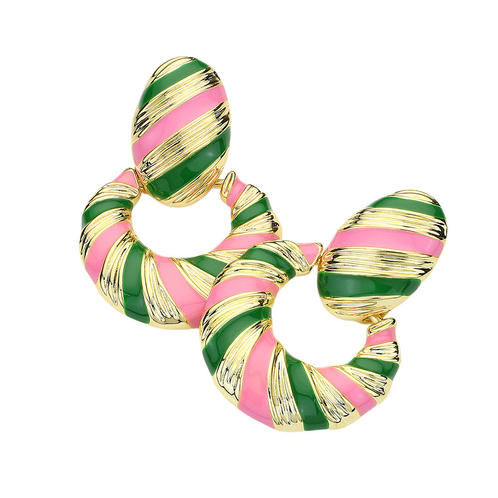 Madeline Love Gold, Pink&Green 14K gold Dipped Enamel Bold Striped Drop Earrings - desc