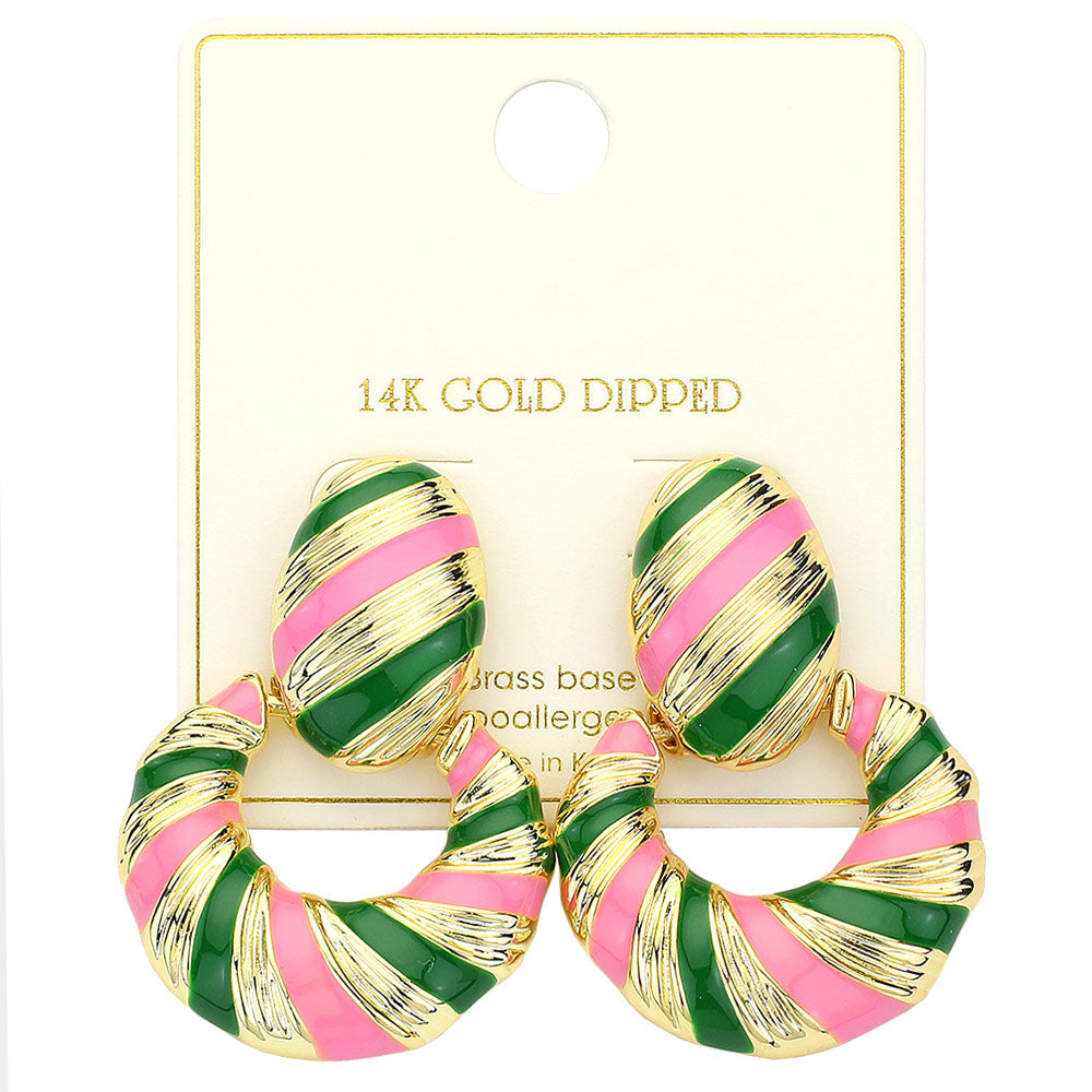 Madeline Love Gold, Pink&Green 14K gold Dipped Enamel Bold Striped Drop Earrings - extra
