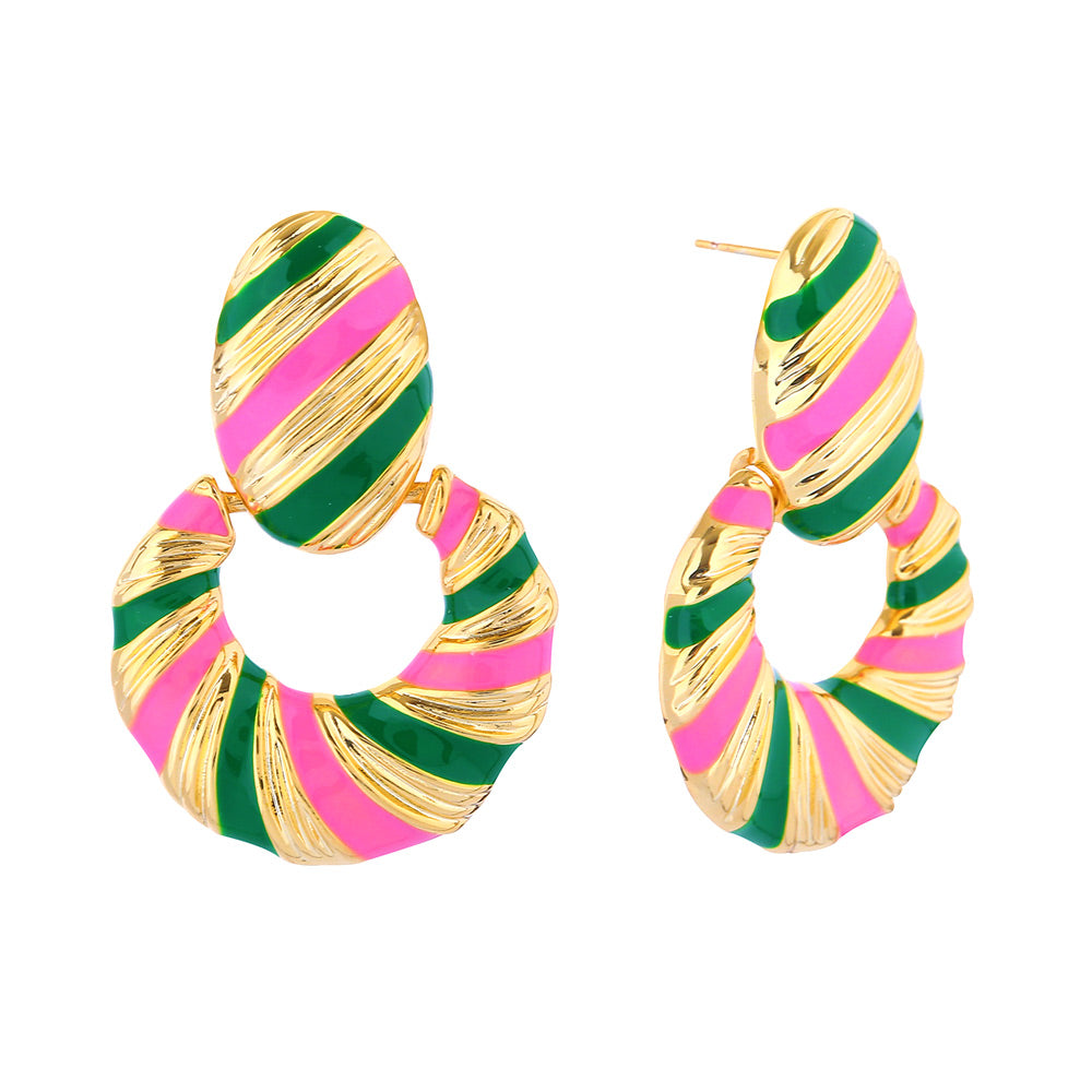 Madeline Love Gold, Pink&Green 14K gold Dipped Enamel Bold Striped Drop Earrings - extra