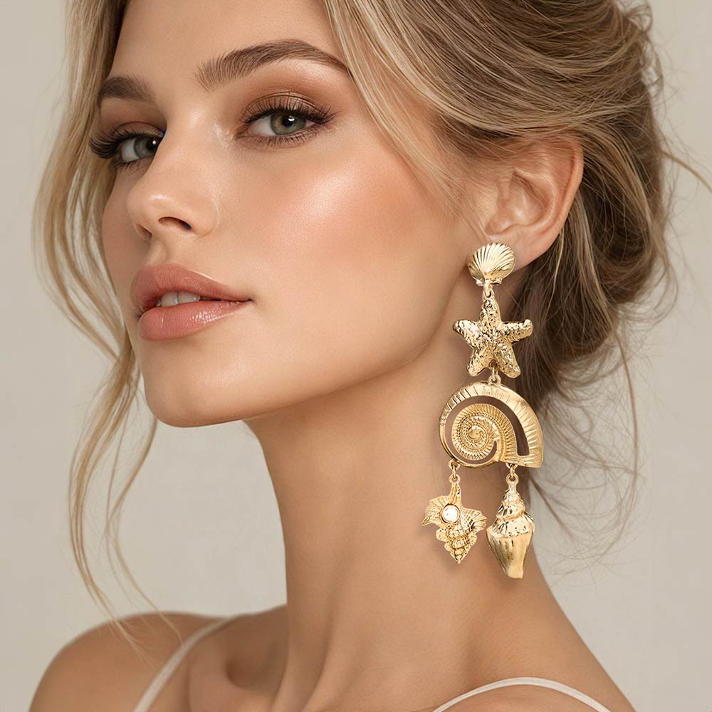 Madeline Love Worn Gold Bold Textured Starfish Shell Link Drop Statement Earrings