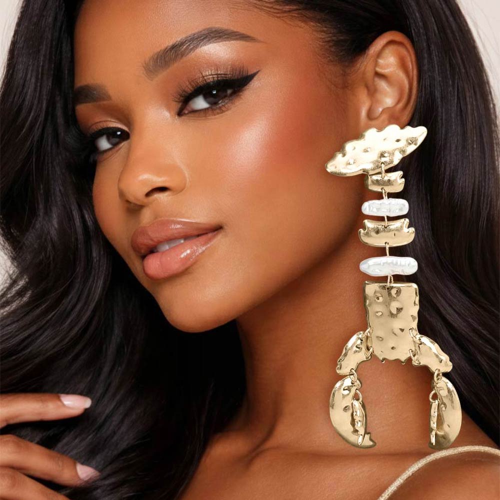 Madeline Love Worn Gold Bold Abstract Pearl Hammered Metal Lobster Link Drop Statement Earrings