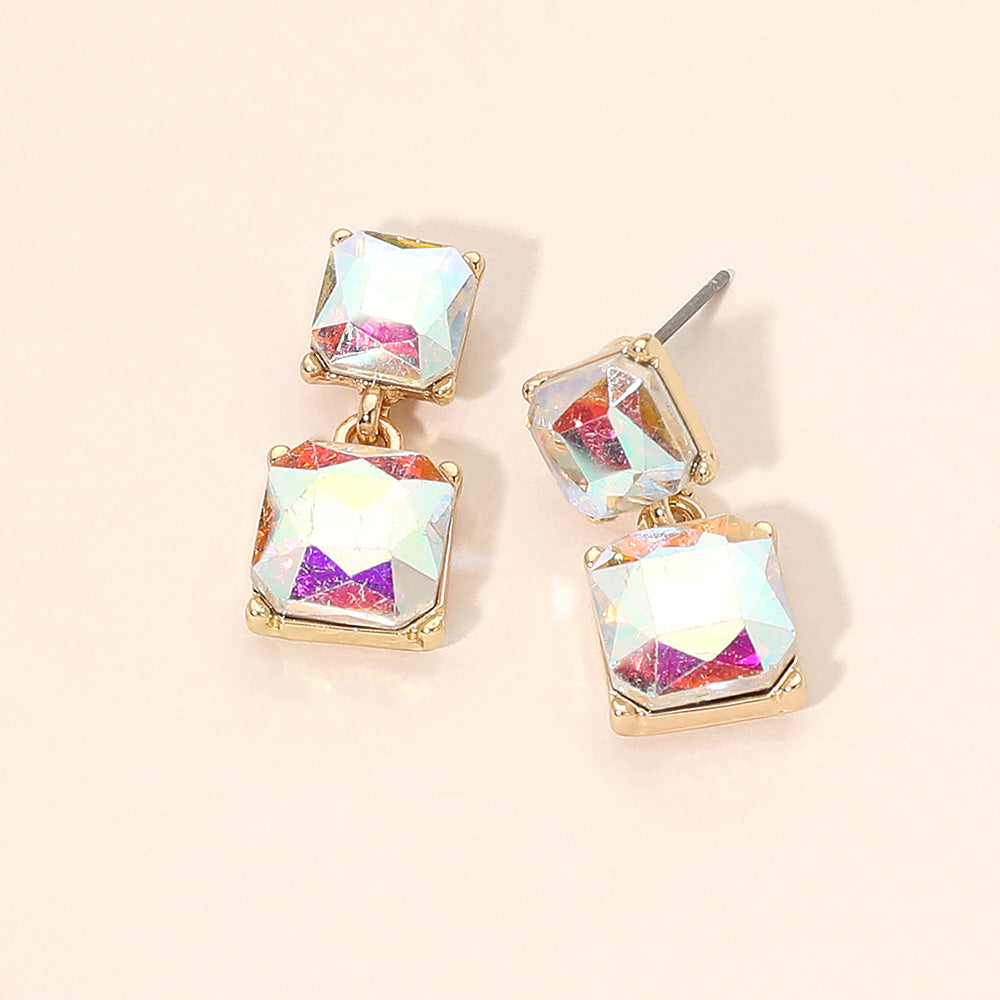 Madeline Love AB, Gold Faceted Square Gem Link Drop Earrings