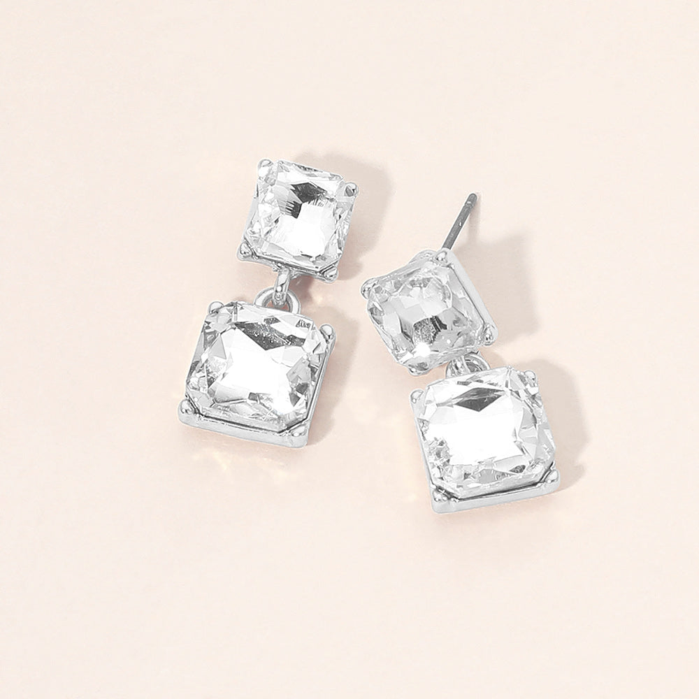 Madeline Love Clear, Silver Faceted Square Gem Link Drop Earrings