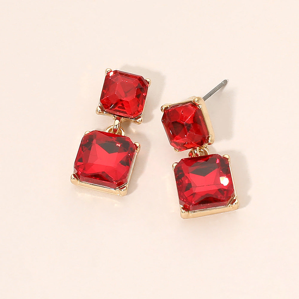 Madeline Love Gold, Red Faceted Square Gem Link Drop Earrings