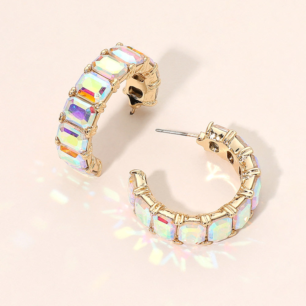 Madeline Love AB, Gold Faceted Rectangular Gem Curved Hoop Earrings