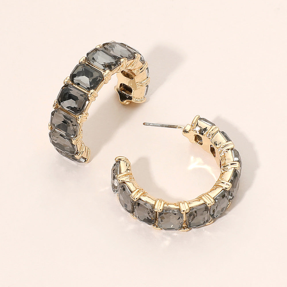 Madeline Love Black Diamond, Gold Faceted Rectangular Gem Curved Hoop Earrings