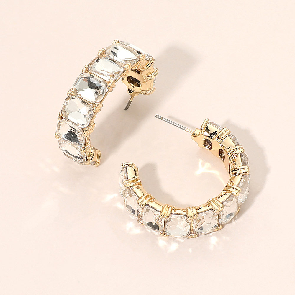 Madeline Love Clear, Gold Faceted Rectangular Gem Curved Hoop Earrings