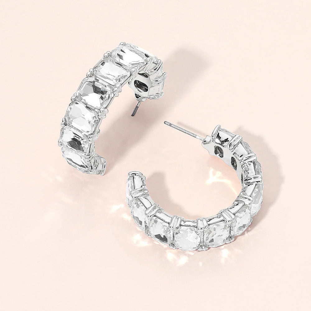 Madeline Love Clear, Silver Faceted Rectangular Gem Curved Hoop Earrings