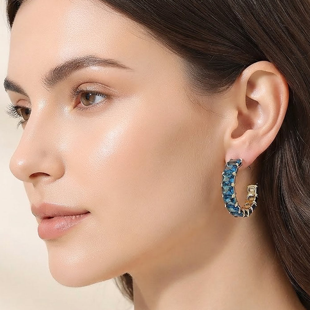 Madeline Love Blue, Dark, Gold Faceted Rectangular Gem Curved Hoop Earrings