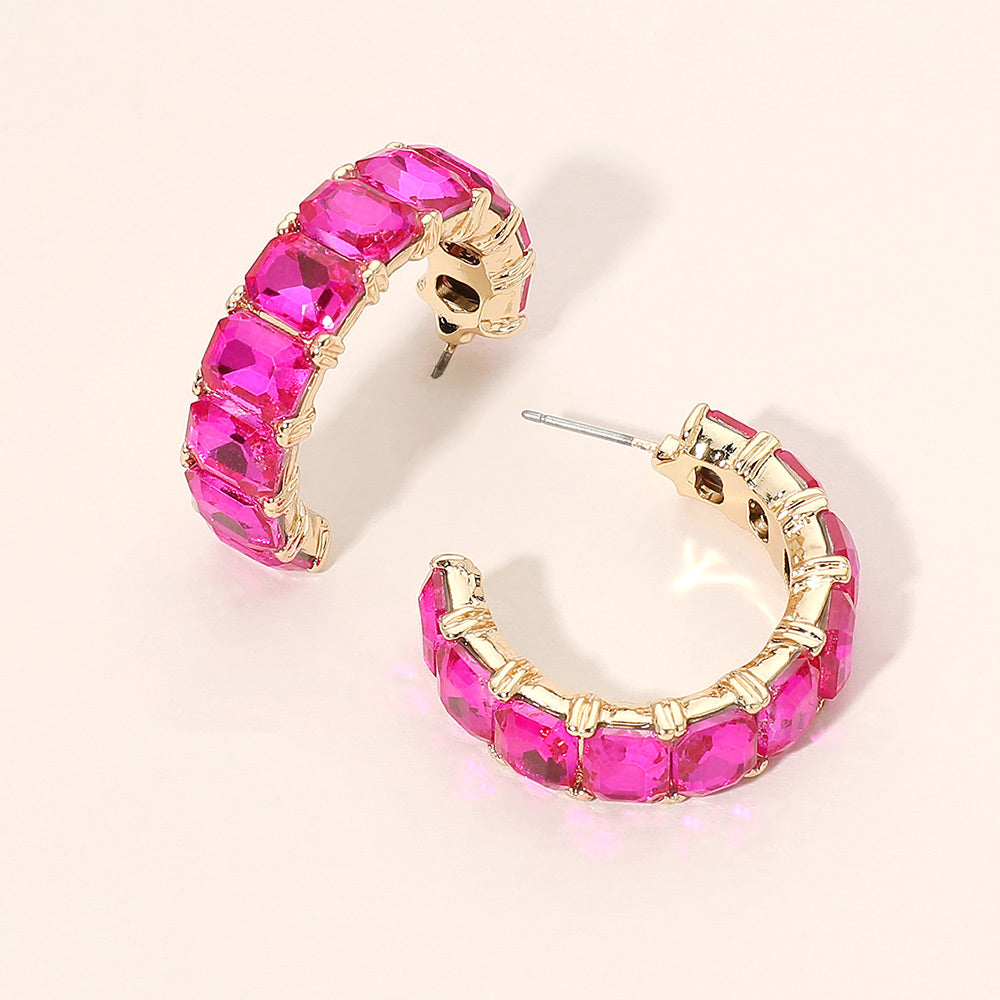 Madeline Love Fuchsia, Gold Faceted Rectangular Gem Curved Hoop Earrings