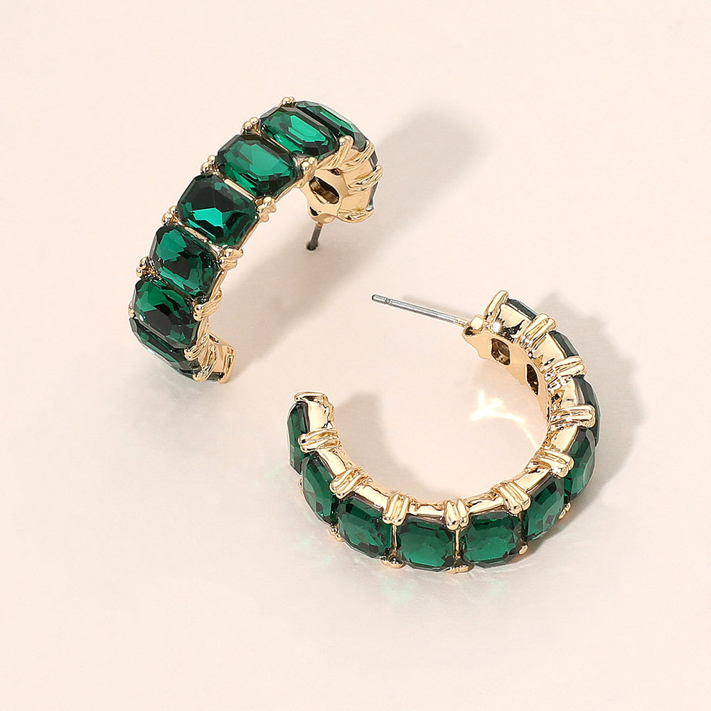 Madeline Love Gold, Green Faceted Rectangular Gem Curved Hoop Earrings