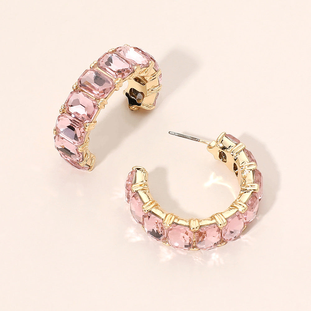 Madeline Love Gold, Pink Faceted Rectangular Gem Curved Hoop Earrings
