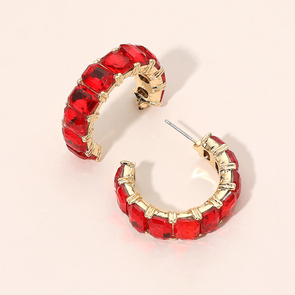 Madeline Love Gold, Red Faceted Rectangular Gem Curved Hoop Earrings