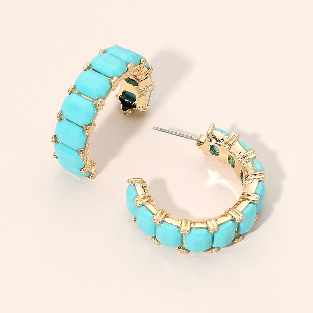 Madeline Love Gold, Turquoise Faceted Rectangular Gem Curved Hoop Earrings