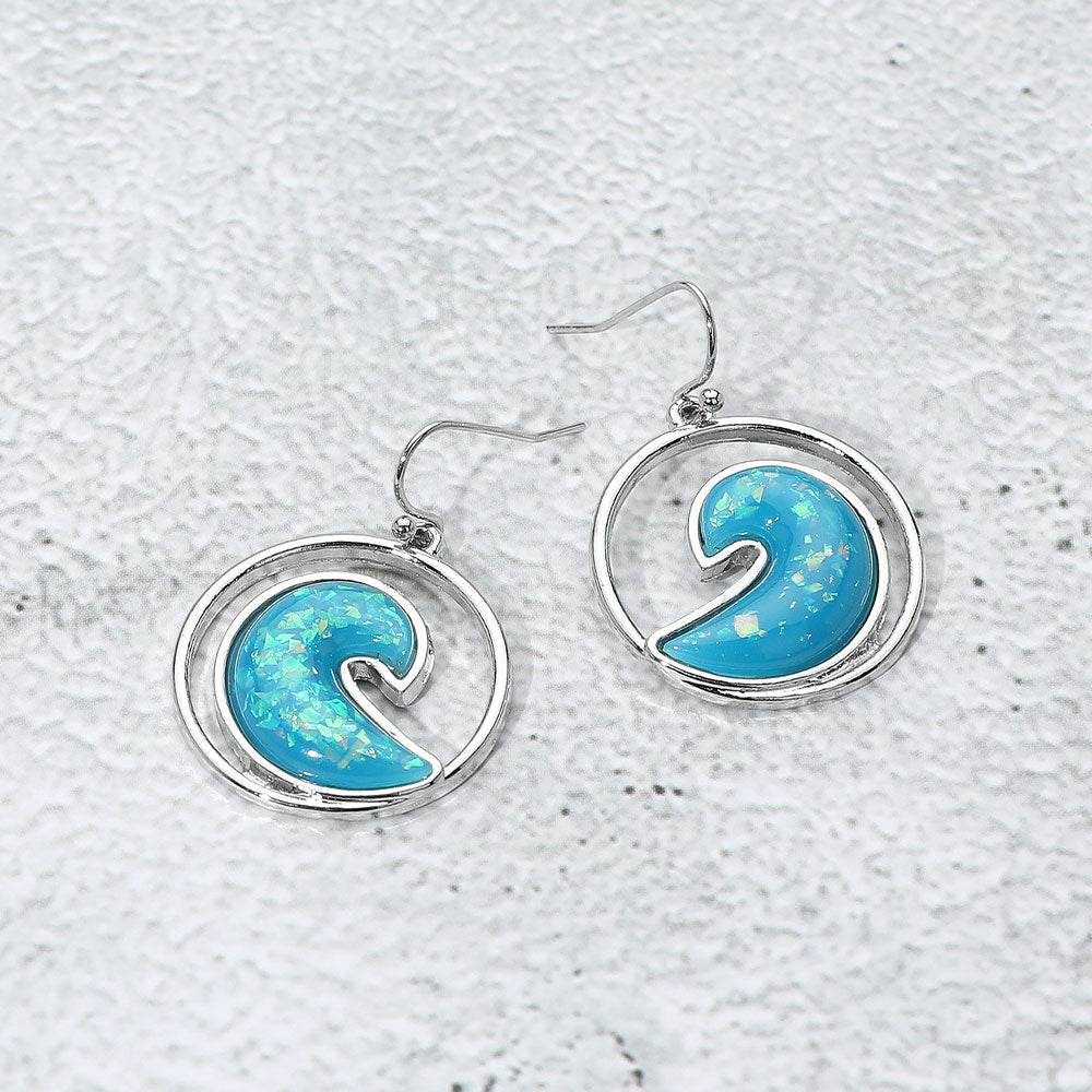 Madeline Love Aqua, Rhodium Glittered Enamel Accent Wave Dangle Earrings