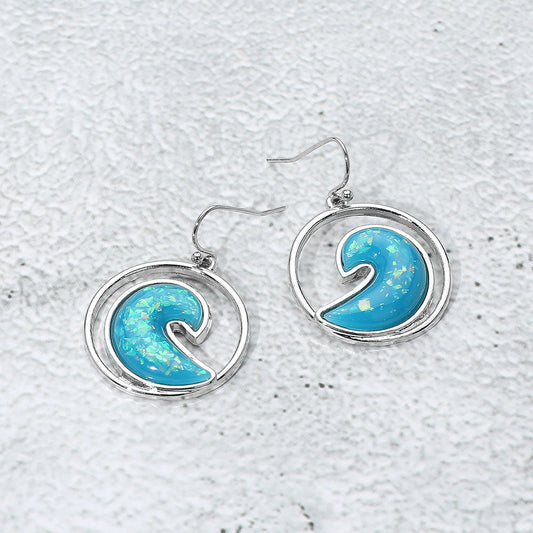 Madeline Love Aqua, Rhodium Glittered Enamel Accent Wave Dangle Earrings