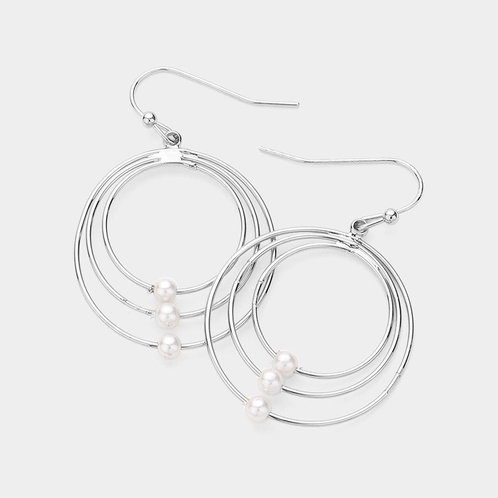 Madeline Love Cream, Rhodium Pearl Pointed Abstract Triple Open Circle Dangle Earrings