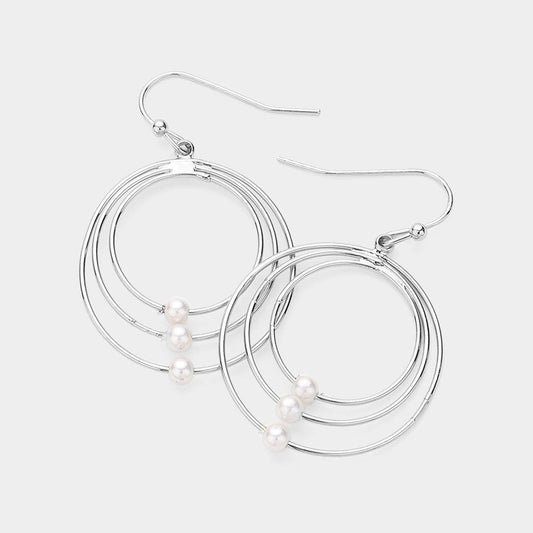 Madeline Love Cream, Rhodium Pearl Pointed Abstract Triple Open Circle Dangle Earrings
