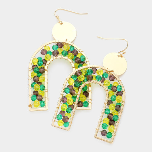 Multi Mardi Gras Metal Disc Faceted Bead Wrapped Metal Arch Dangle Earrings