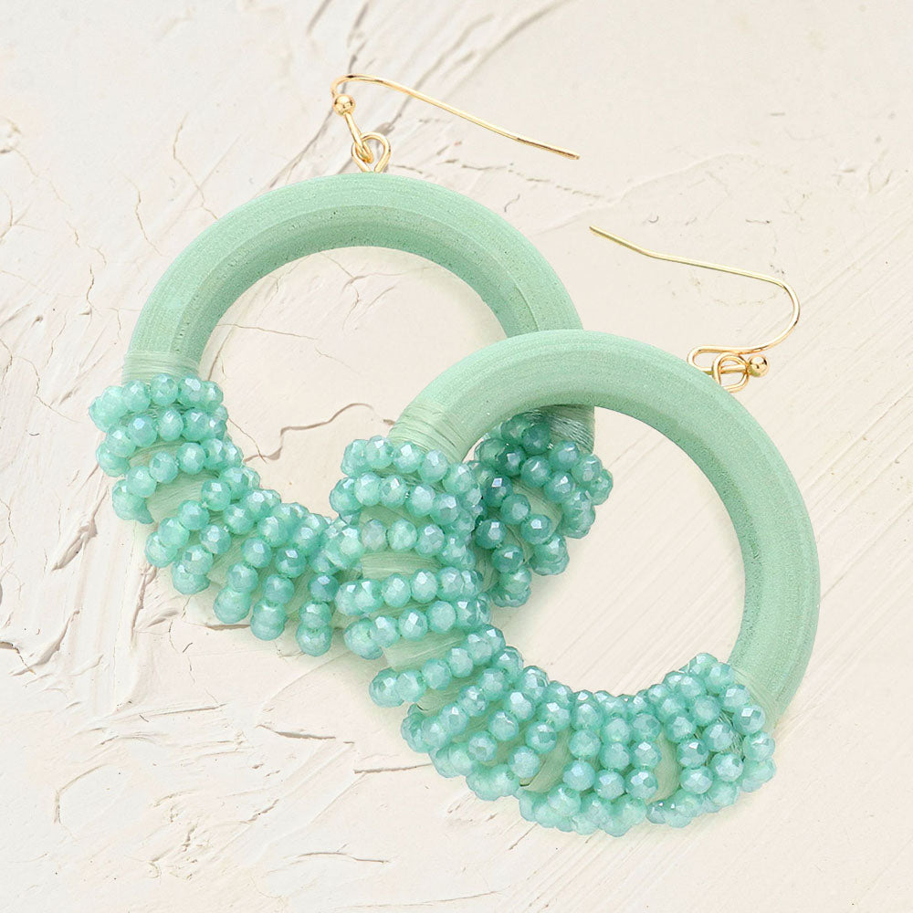 Madeline Love Mint Faceted Bead Wrapped Open Wood Circle Dangle Earrings