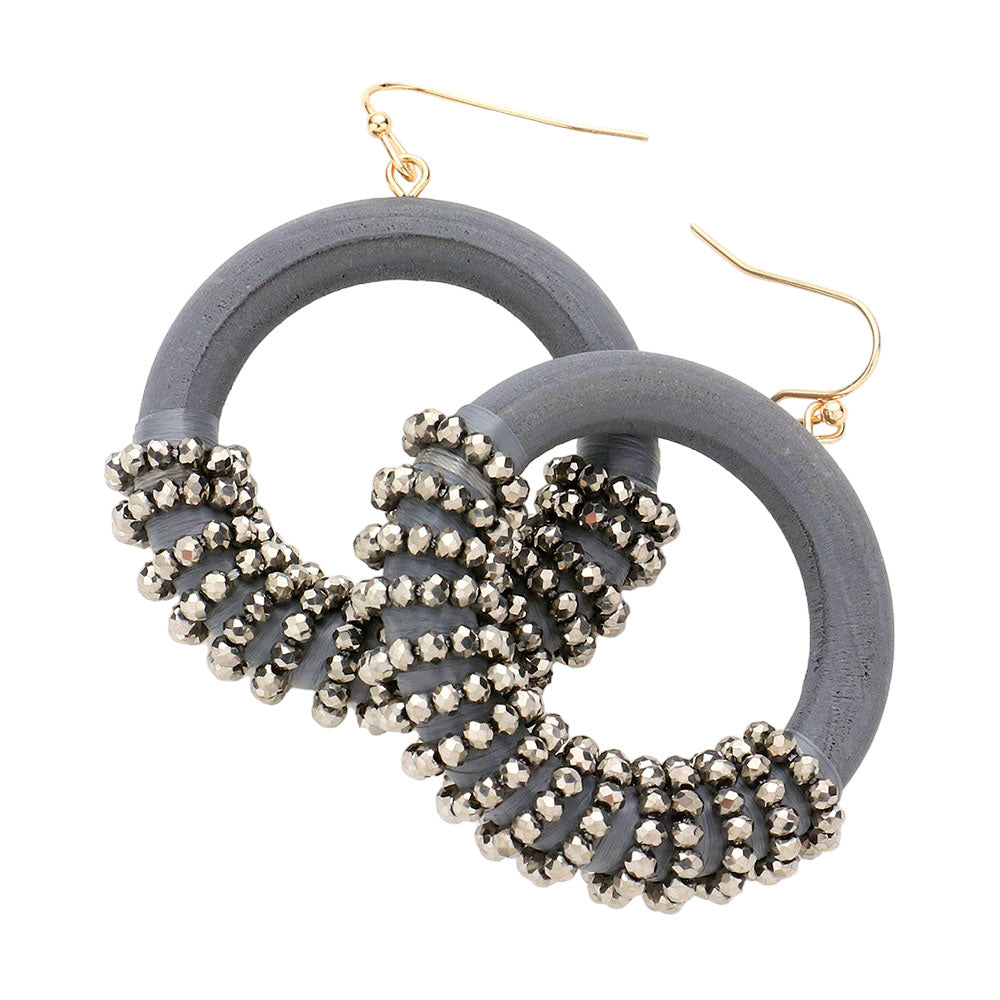 Madeline Love Gray Faceted Bead Wrapped Open Wood Circle Dangle Earrings - extra