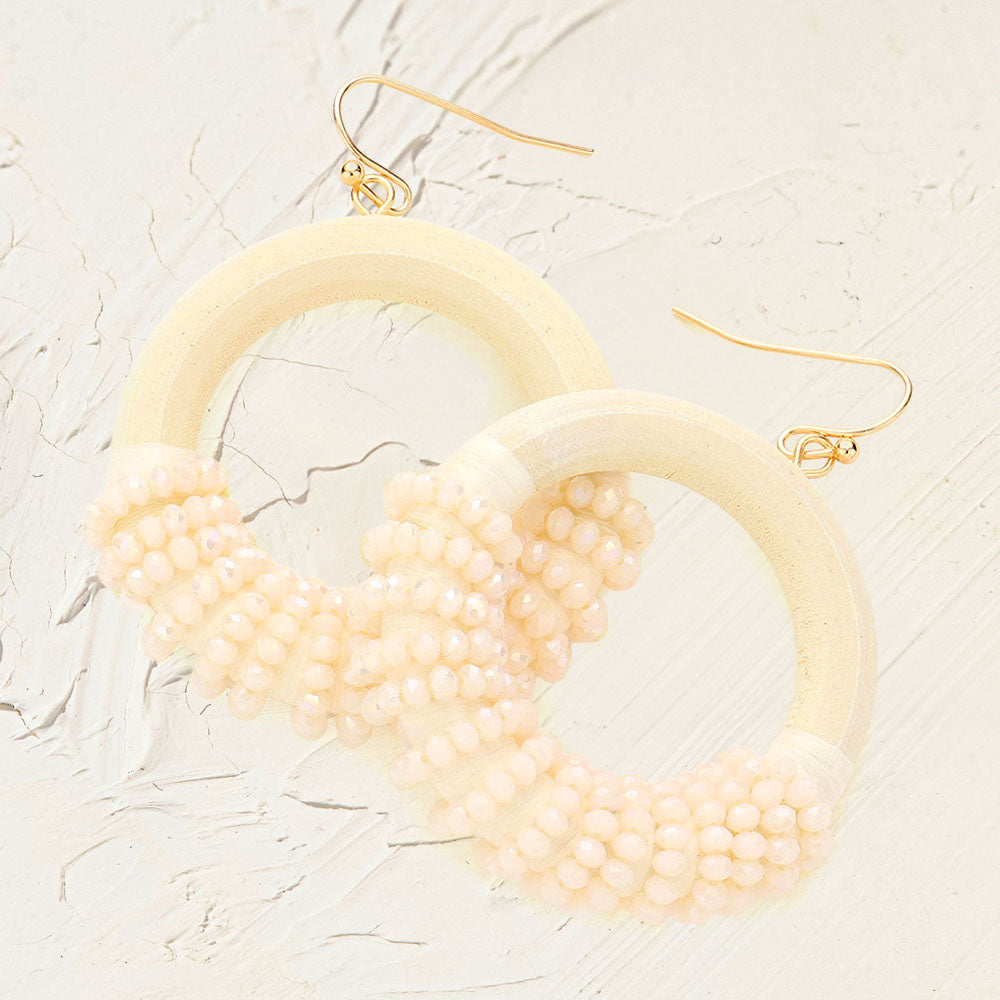 Madeline Love Ivory Faceted Bead Wrapped Open Wood Circle Dangle Earrings