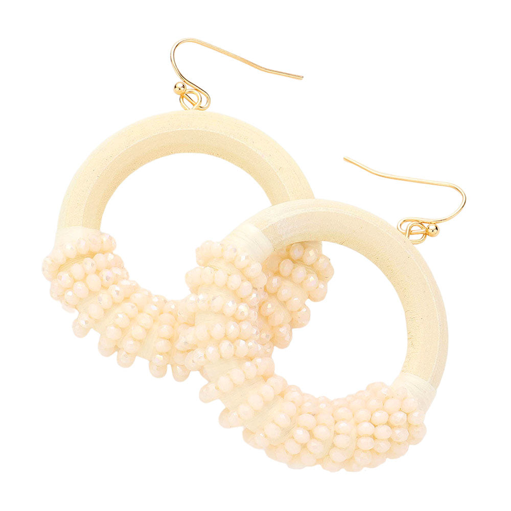Madeline Love Ivory Faceted Bead Wrapped Open Wood Circle Dangle Earrings - extra