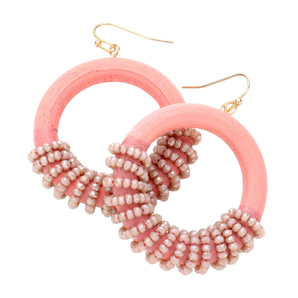 Madeline Love Pink Faceted Bead Wrapped Open Wood Circle Dangle Earrings - extra