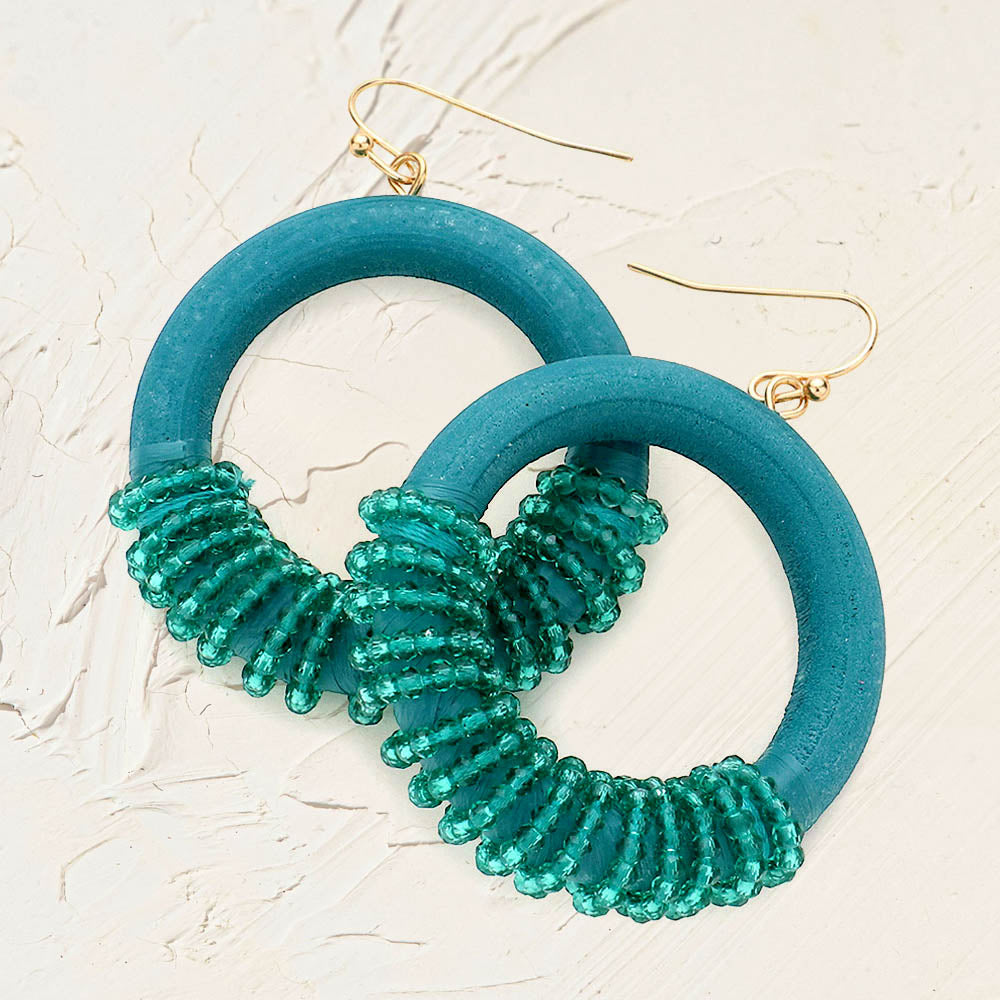 Madeline Love Teal Faceted Bead Wrapped Open Wood Circle Dangle Earrings
